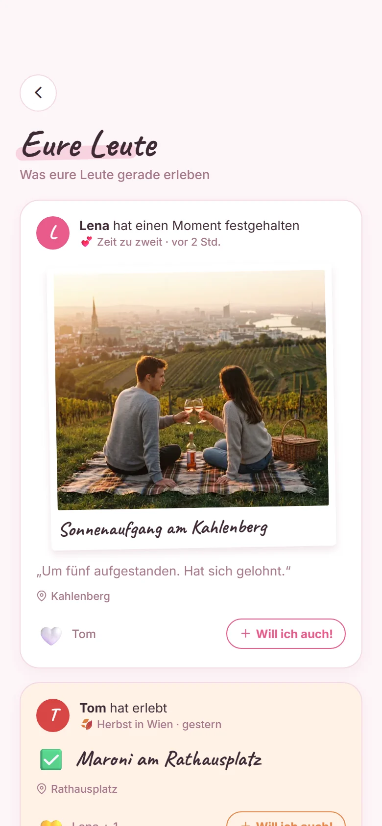 Der Feed „Eure Leute“ mit einem Polaroid vom Sonnenaufgang und einer Reaktion