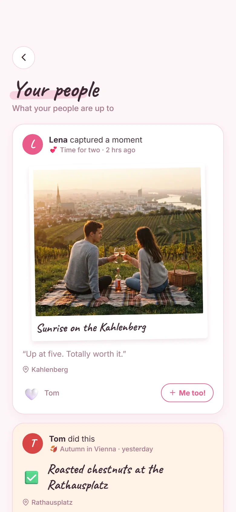 The “Your people” feed with a sunrise polaroid and a reaction