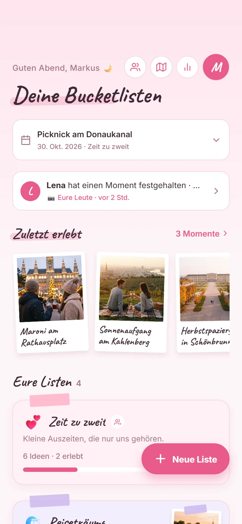 Die Startseite der App mit dem nächsten Moment und euren Listen