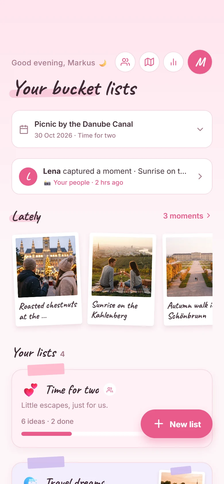 The app's home screen with your next moment and your lists
