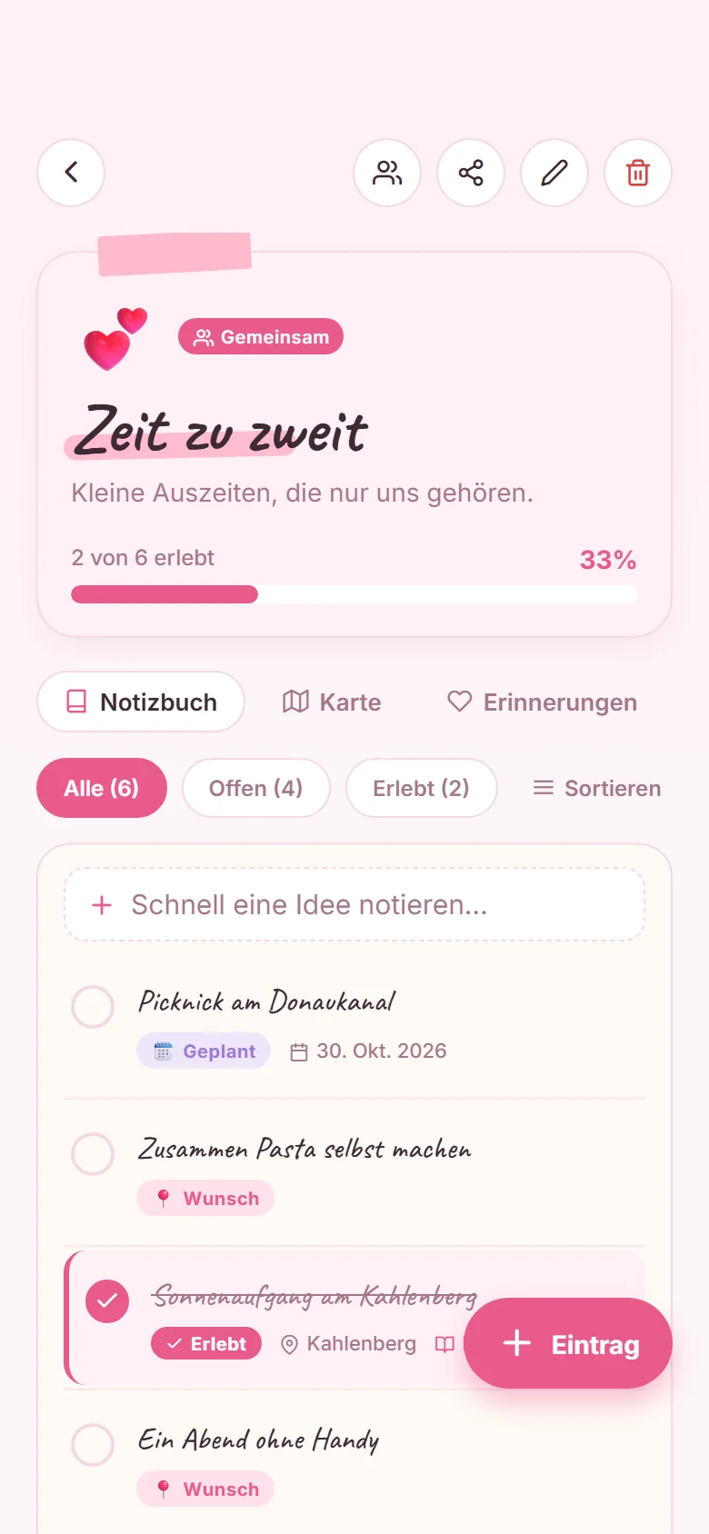 Eine Liste „Zeit zu zweit“ mit Ideen und Status in der App