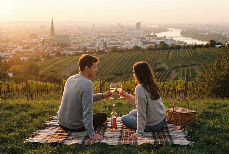 Ein Paar stößt bei Sonnenuntergang über den Weinbergen an