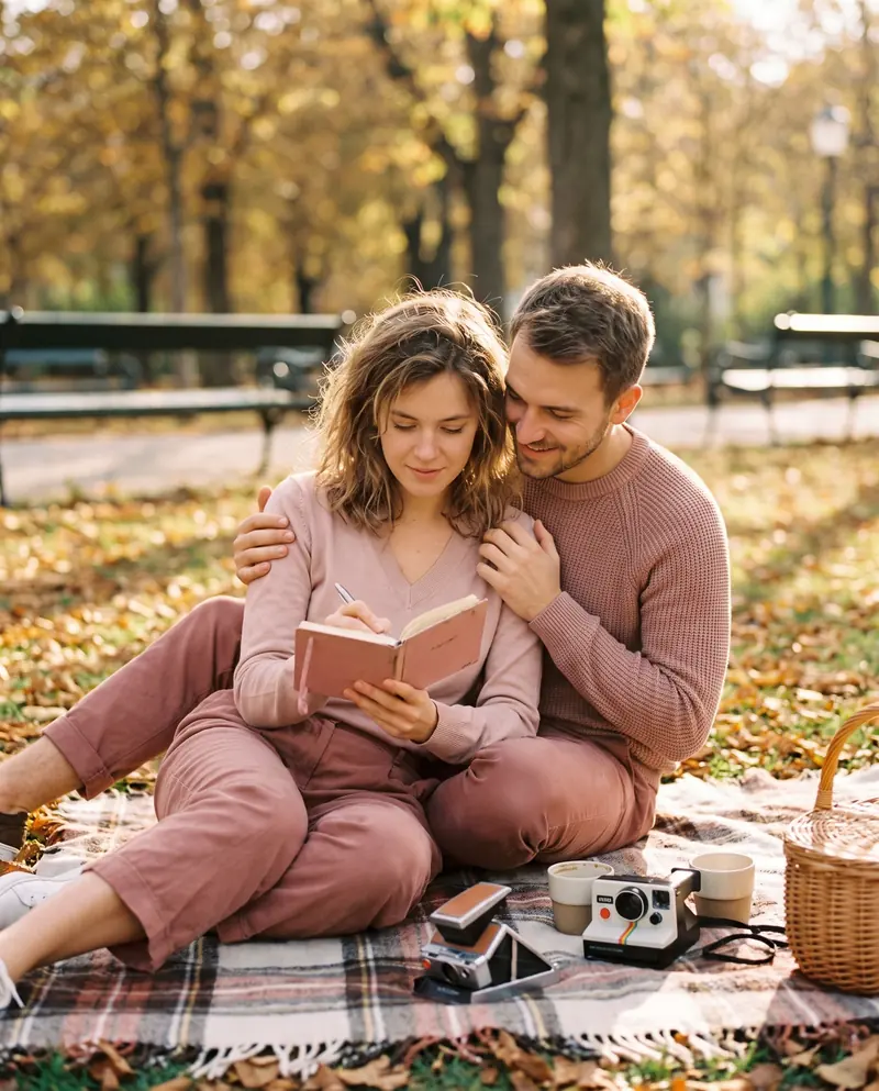 Ein Paar macht ein Herbstpicknick auf einer karierten Decke und schreibt in ein Notizbuch