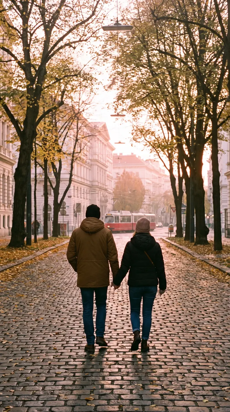 Ein Paar spaziert Hand in Hand durch eine herbstliche Allee in der Stadt