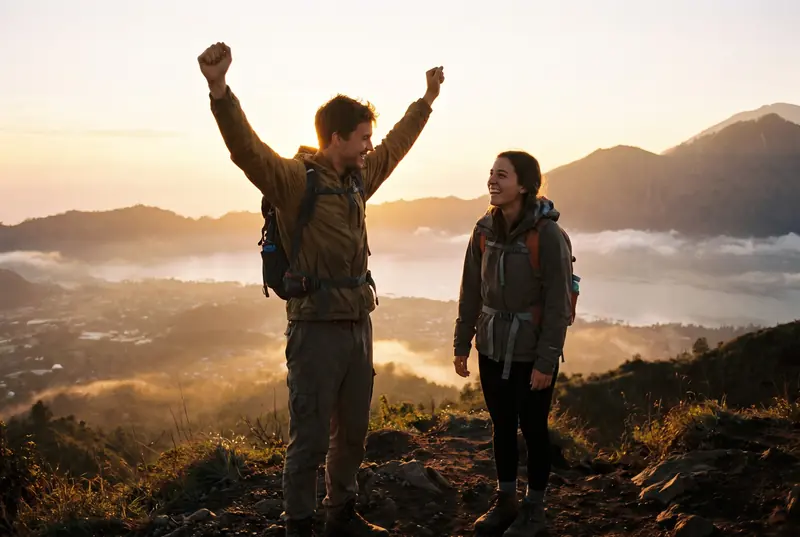 Zwei Menschen jubeln bei Sonnenaufgang auf einem Berggipfel über dem Nebel
