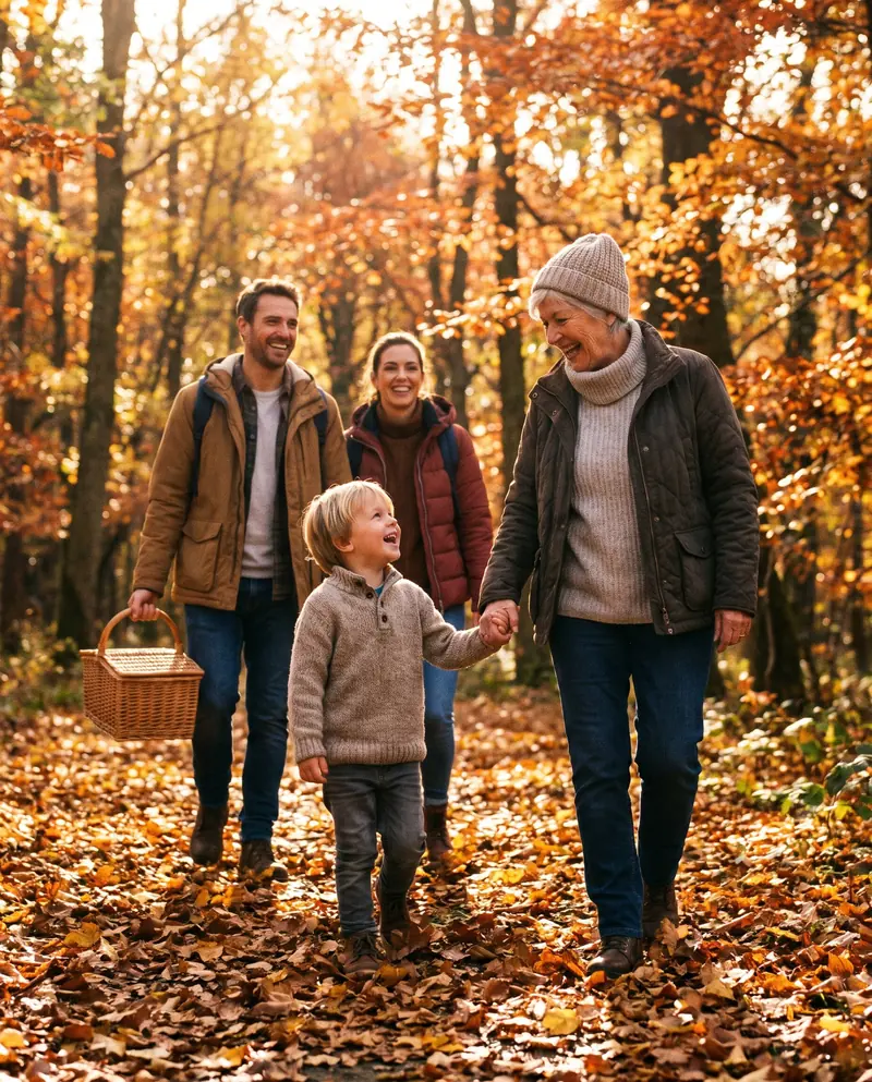 Eine Familie mit Oma und Kind wandert durch den Herbstwald
