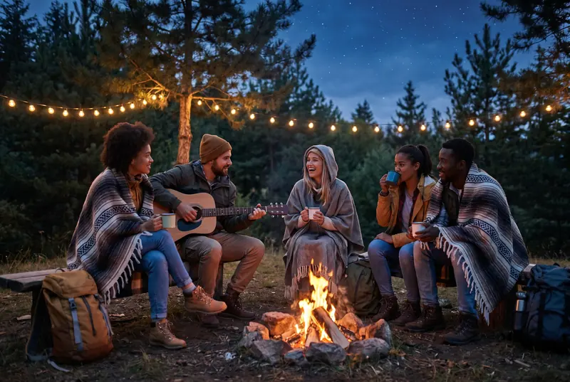 Eine Gruppe Freunde sitzt in Decken um ein Lagerfeuer, einer spielt Gitarre