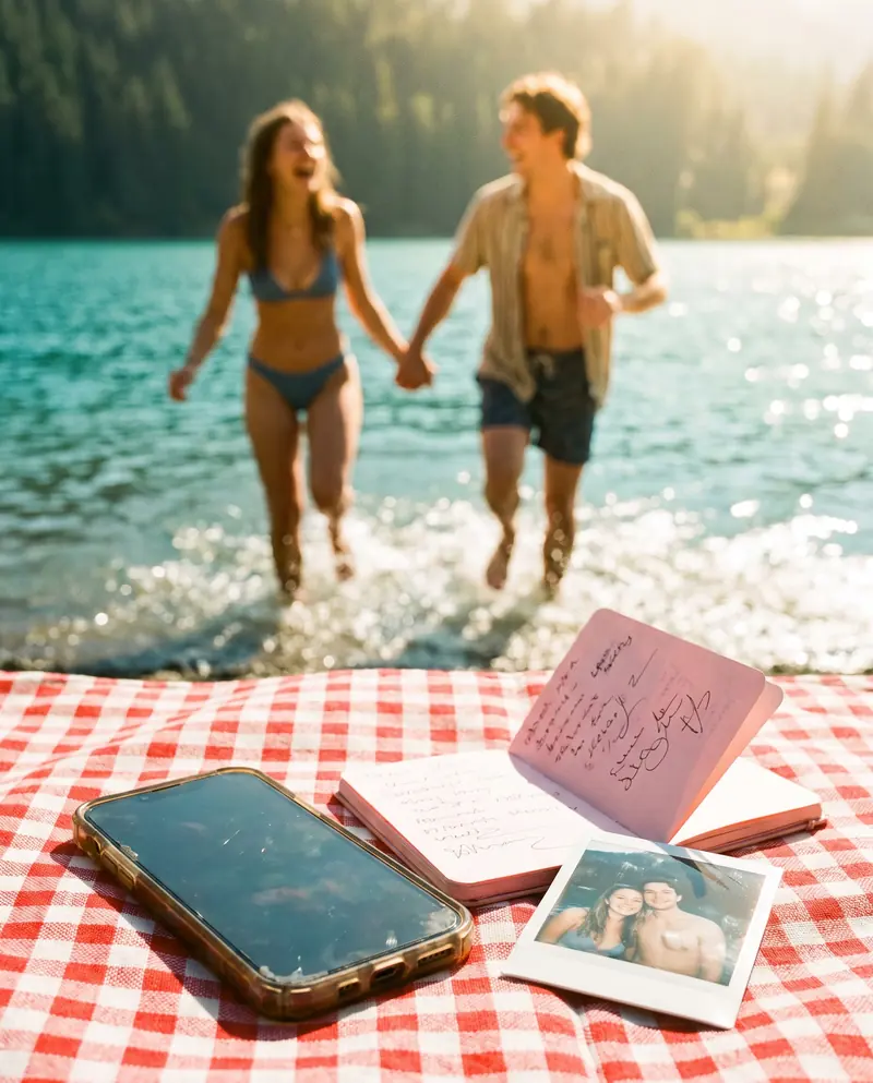 Ein Paar läuft lachend in einen See, das Handy liegt auf der Picknickdecke zurück